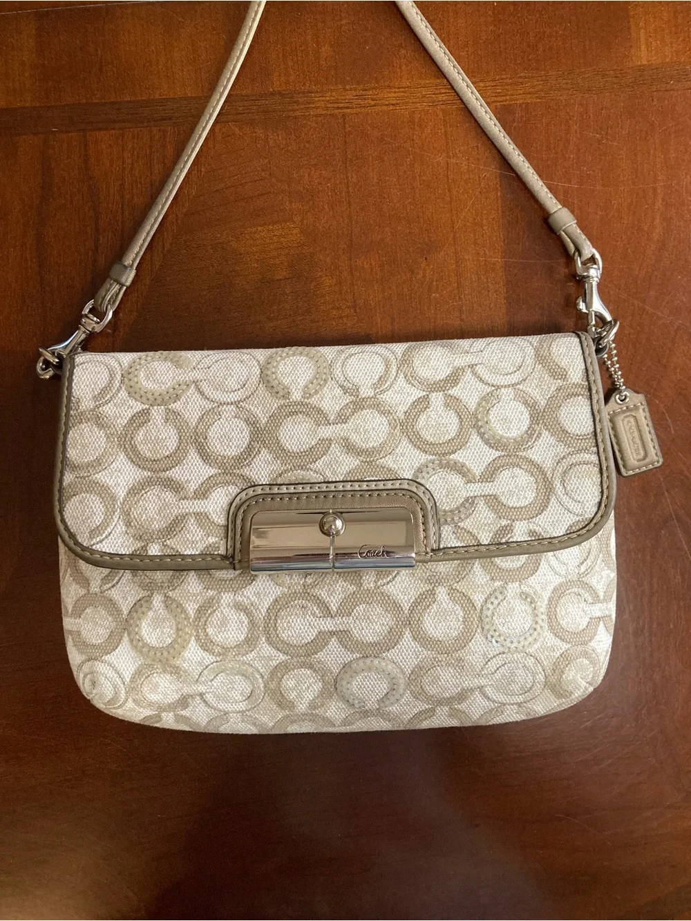 Coach Kristin Op Art Sequin Sling Pack Crossbody Bag #45088 Taupe Monogram EUC
